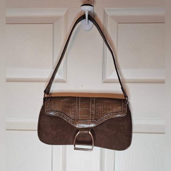 Daisy Fuentes Handbags - Daisy Fuentes Brown Suede Shoulder Bag Y2K Croc Trim Gold Hardware